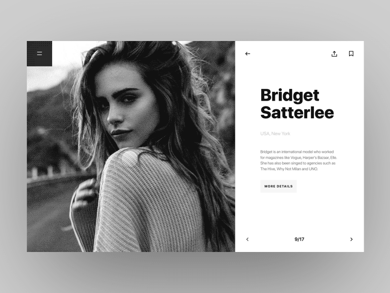 Model agency portfolio: menu interaction agency animation framer gallery gif interaction menu model navigation ui ux web design