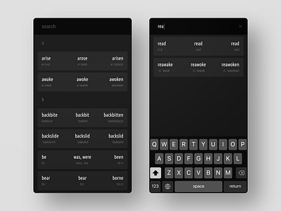 Irregular Verbs [iOS app] dark ios ios app iphone iphone app minimalist mobile app mobile design simple swift ui ux