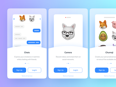 Chudo Onboarding 3d avatars android app avatars camera app chat app chumoji ios app log in messenger onboarding sign in ux design