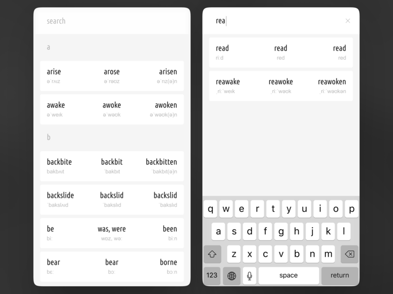 Irregular Verbs App education ios app iphone app irregular verbs minimalist mobile app mobile design mobile development pet project simple ui ux