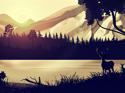 Sceneries Illustrations - Forest animal baby deer forest lake landscape montains nature pines rising sun sunset tree