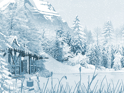 Sceneries Illustrations - Winter cabin forest illustrations jungle landscape snow snowflakes winter wolf