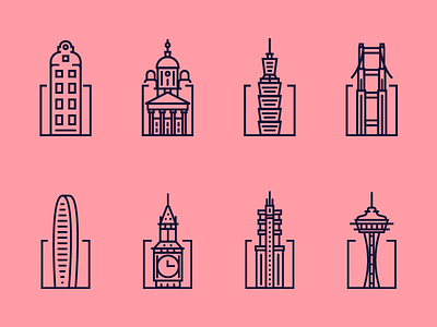 Office location icons cities city icons lines one color
