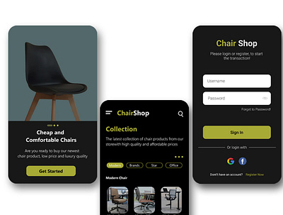 Application Chair Shop app branding design illustration typography ui ux