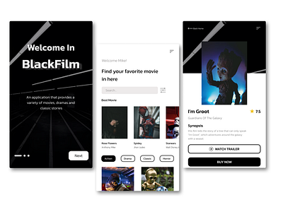 Design Application Android "BlackFilm" app blackfilm branding buyscreen design film homescreen order slider splashscreen typography ui ux