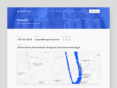 Mega Marvels – Contacts page cards clean contacts maps minimal modern social tour operator tourism tours ui ux web