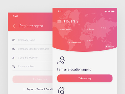 Moversly – Home and Register agent android app clean gradients ios iphone map minimal modern moving ui ux