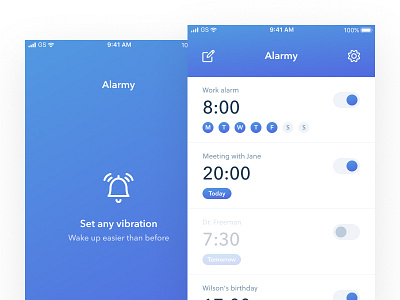 Alarm clock concept – Splash and Home alarm app clean clock design gradients icons minimal modern time ui ux