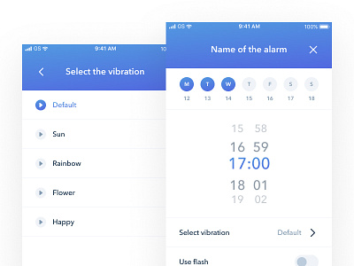 Alarm clock concept – Select vibration and Adding new alarm alarm app clean clock design gradients icons minimal modern time ui ux