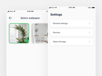 Smart home concept – Settings and Select wallpaper app cards clean design devices gradients home home automation minimal modern sensors settings smart home ui ux wallpaper
