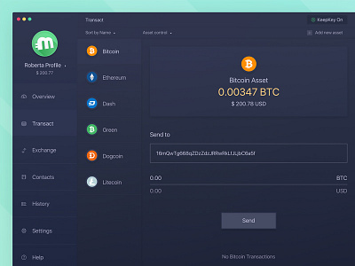 Multi Profile Bitcoin Desktop App Transaction Screen