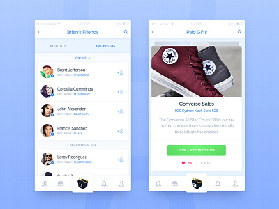 List of Facebook Friends & Paid Gifts Screens