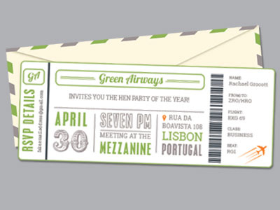 Hen party invite boarding pass green grey invite typography