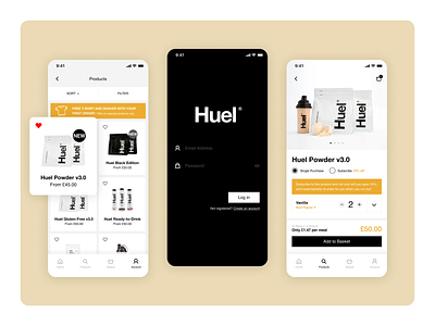 Huel App colourful ecommerce fortnight health huel ios jbdotco mobile app mobile ui ui ux web
