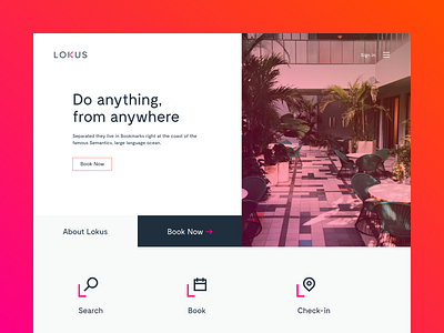 Lokus branding colourful coworking fortnight gradient hotel jbdotco logo navy office orange pink ui ux web workspace