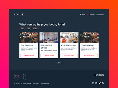 Lokus branding colourful coworking dashboard fortnight hotel illustration logo navy office orange pink playful ui ux web workspace