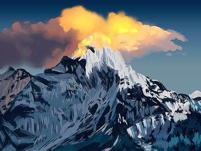 Mountains with sunrise in clouds clouds cold digital gradient illustration mountain painting study sunrise texture value