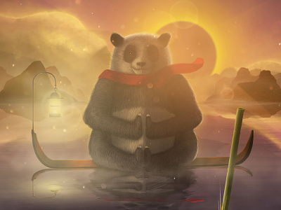 Zen Panda animal boat character china eclipse illustration panda sea sunset winter zen