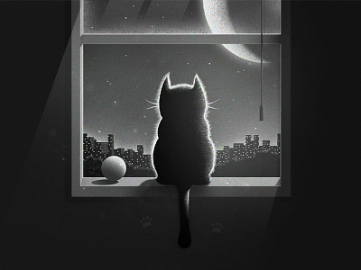 Thinking cat!!! animal black cat city cute illustration kit kitten love moon night window