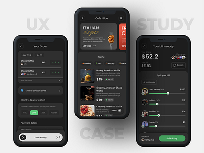 Diner App Case Study: Dark Mode animation app booking branding cafe case study dark mode design graphic design illustration motion graphics restaurant ui ux vector web