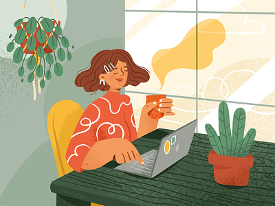 Green office character character design coffee colors computer desk editorial green illustration office pattern plants red texture woman work workin yellow