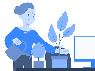 Watering plants at the office blue blue and white branding character character art corporate illustration monochromatic office plants vector