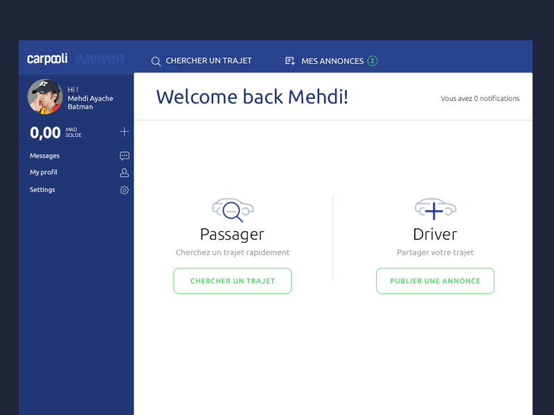 Dashboard landing page