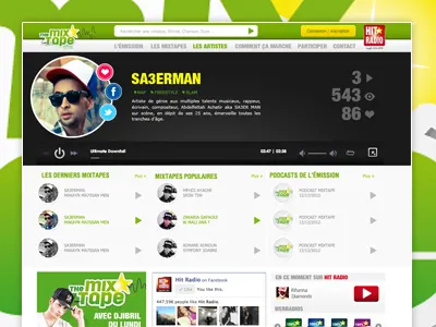 MIXTAPE HIT RADIO - Profil page green website hit radio home slider listing music music player music user interface radio streaming top menu uiux