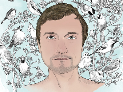 Stewf & Birds bird watcher birds cherry blossoms digital illustration love people portrait spring stephen coles writer