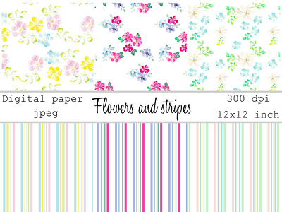 Flowers and Stripes coordinated gift wrap coordinated wallpaper flowers and stripes patterns surface pattern watercolor flowers