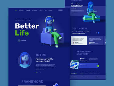 Better Life - Learning center lading page design concept 3d 3d character dark theme education website landing page learning center learning platform ui ui ux ux web design