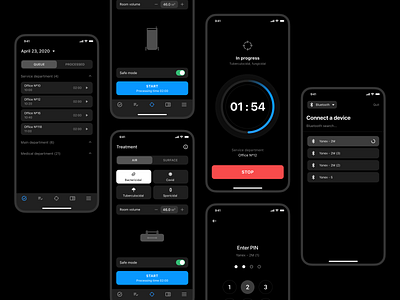 UV controller and task manager app bluetooth control panel controller dark dark theme ios login mobile pin tasks timer ux