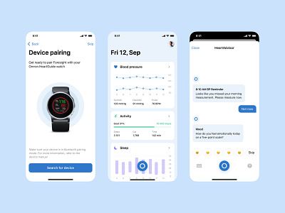 Healthcare Mobile App activity assitant blood pressure bluetooth bot chart chat chips fitness health healthcare ios mobile sleep smart watch tracking watch