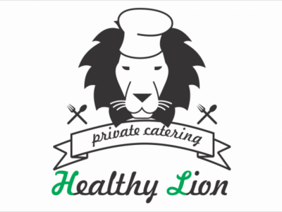 Healthy Lion private catering banner catering chef hat cook design food and beverage food and drink fork green healthy lion logo mammal mascot restaurant sign spoon symbol white wildlife