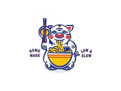 Round 1 option. Ramen shop logo illustration. Beckoning Pig.