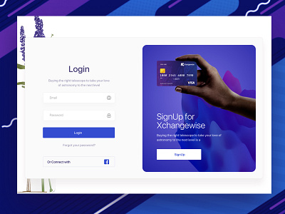 login-concept for xchangewise banking card credit finance graphic landing login page purple sign signup tech