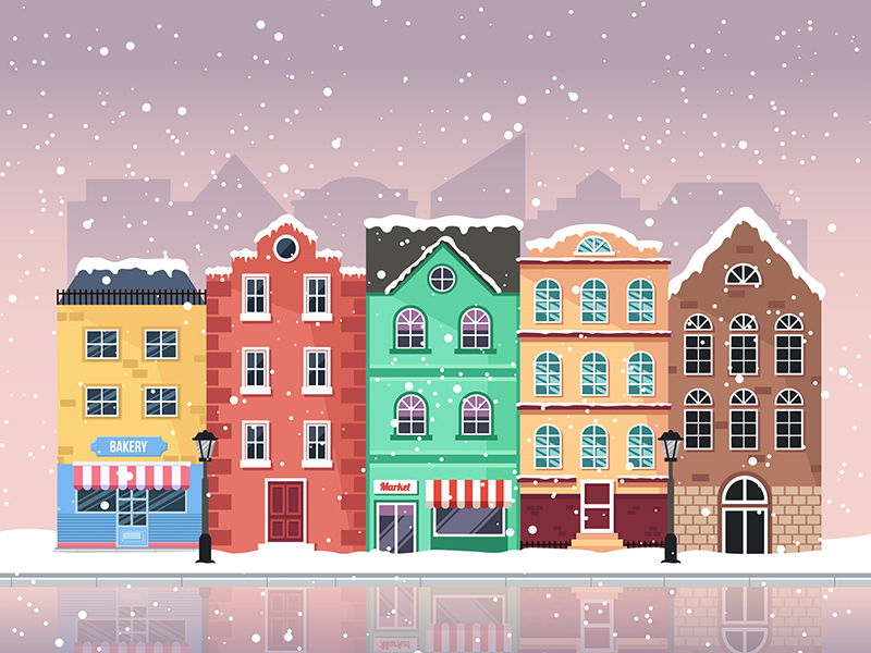 Town day. Christmas buildings in game.