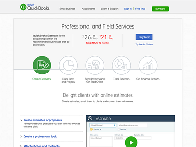 QuickBooks Business Type Landing Pages marketing ux web