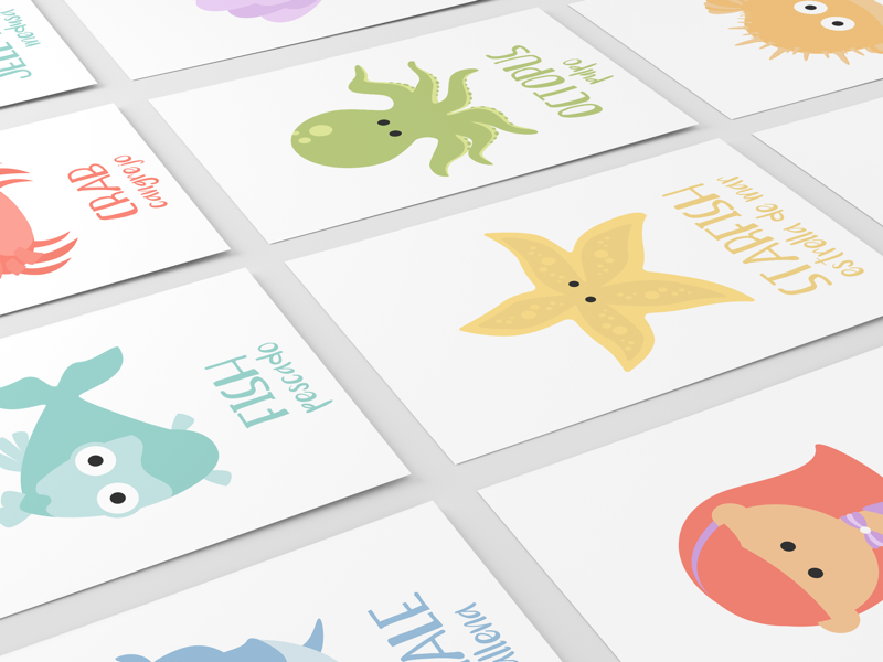 Sea Animal Flashcards blowfish crab octopus fish mermaid animal illustrations under the sea sea animals