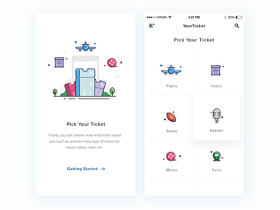 Ticket apps clean homepage icons illustration line icon onboarding ticket walkthrough