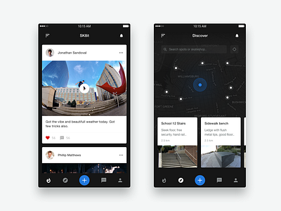 Skateboarder social media app cards ios map media search skate skateboard social ui ux
