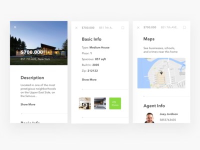 Property App details screens android app card house ios map minimal mobile properties real estate userflow