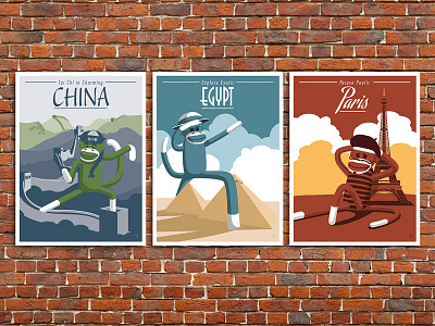 Sock Monkey Travel Posters china egypt eifel tower monkey paris poster pyramid sock mockey travel