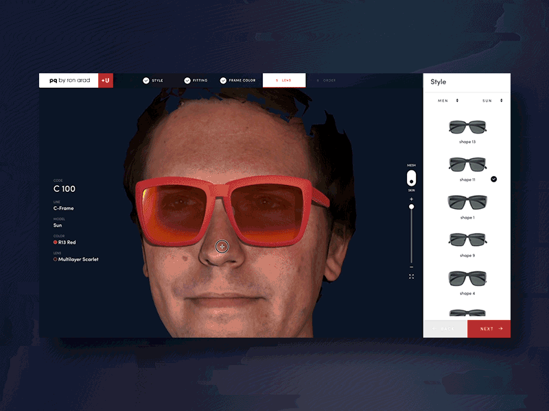 pq + u app design / customize your frame 3d arad by customize eyewear face mapping pq printing ron