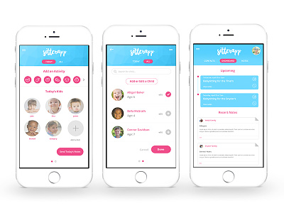 Baby Sitting App - Managing Kids and Their Schedules app babysitter blue clean dads kids managing moms parents pink rounded buttons tool