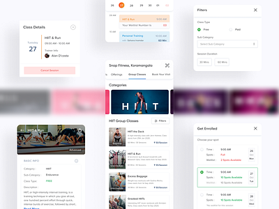 Fitness Class Booking book session booking design fitness app fitness classes fitness session group classes gym design gym session health app hiit hrx member app motion design pilates schedule select slot snc user interface design welness app yoga