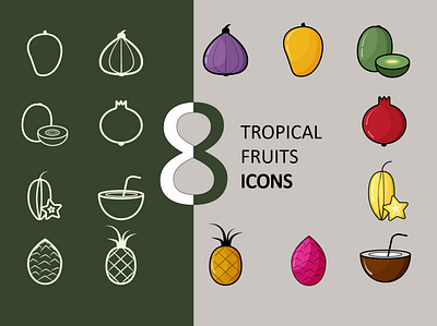 8 Tropical Fruits Icons - Line Art Style 2022 artwork branding colorful icons cute design food icons graphic design healthy style illustration line art style logo mobile app outline icons sport trends web desing