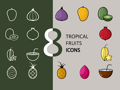 8 Tropical Fruits Icons - Line Art Style