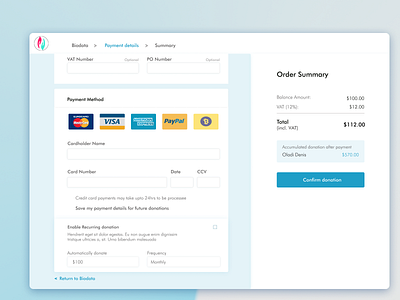 Card payment web page for a charity organization