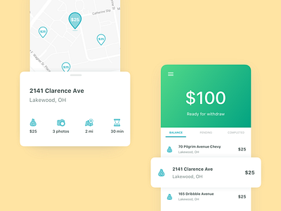 Map and payment screens bank components elegant green icons ios line map mobile payments pins simple white space yellow